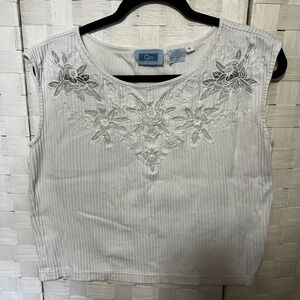 QPS Embroidered Floral 100% Cotton Tank Top Cottage Cropped Casual White Size‎ M